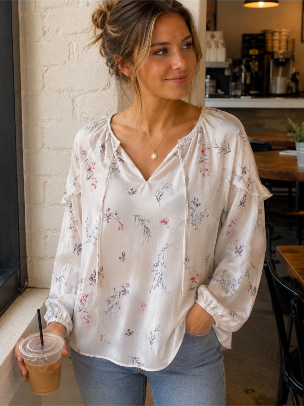 Pink Botanical Floral Blouse Large ~ Women’s V Neck ~ Loose Fit Cottagecore